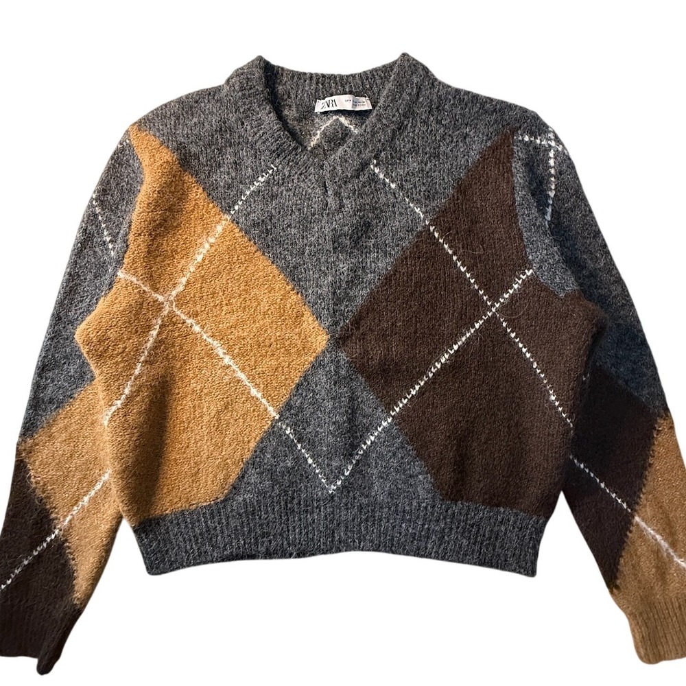 Zara Argyle Knit Sweater Grey Brown Tan Wool Blend Cropped Pullover M 5755/135